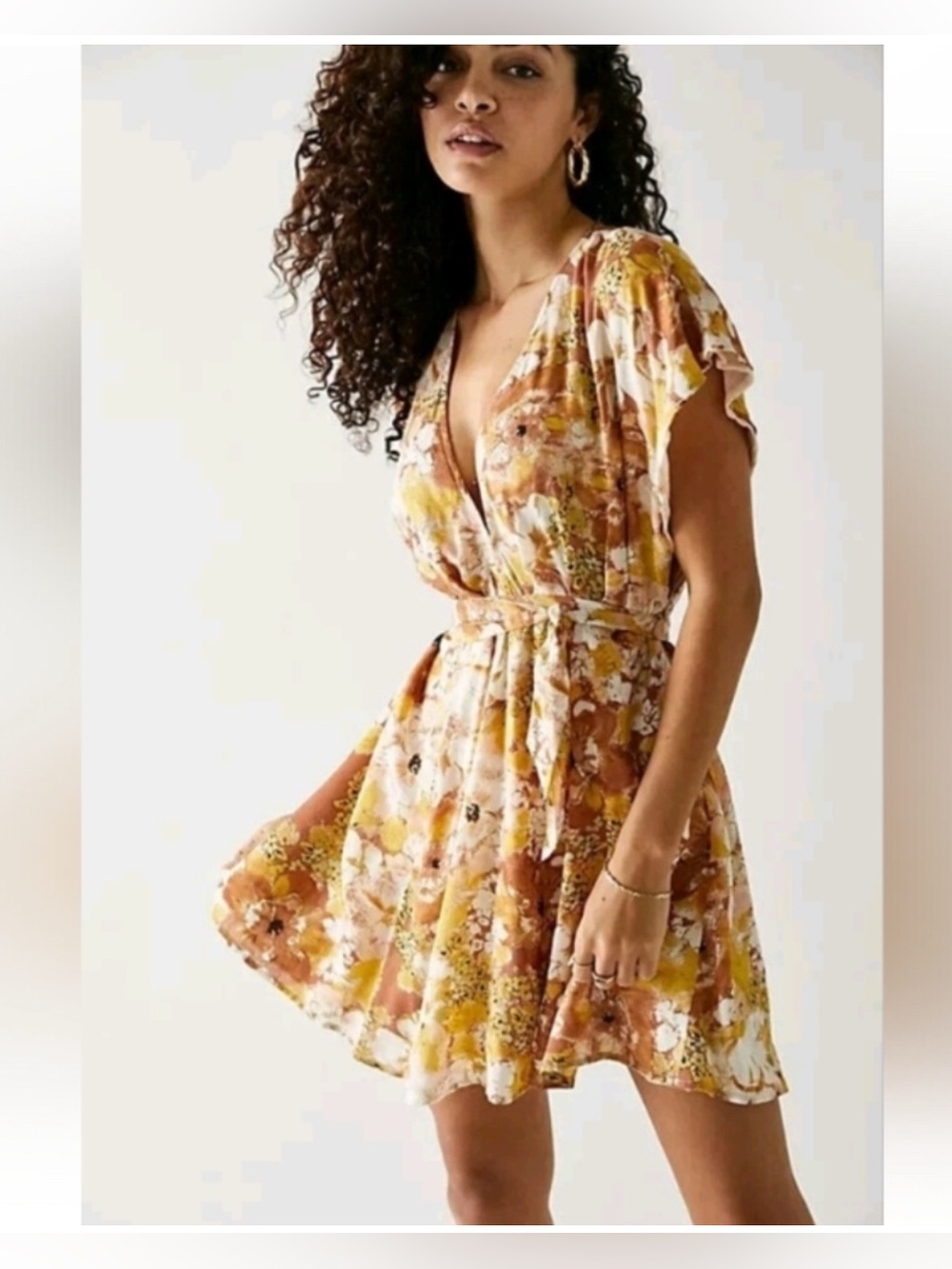 Free People Floral Tie-Waist Mini Dress — Yellow & Rust